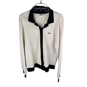 obey accomplish cotton blend thermal button up shirt cream black Large